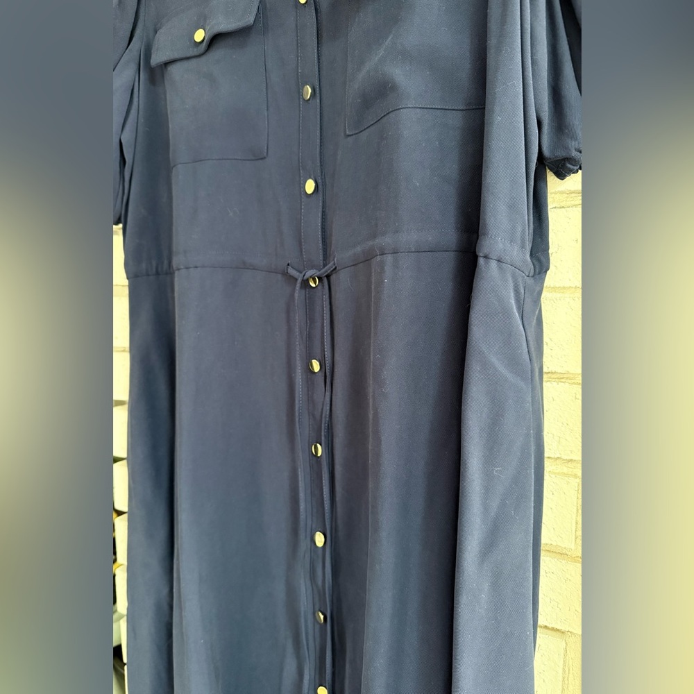NWT Lands’ End Navy Button Front Midi Dress‎ Tie Waist Puff Sleeve Classic - Picture 2 of 13